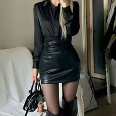 Set: Long-Sleeve Plain Shirt + High Waist Mini Pencil Skirt
