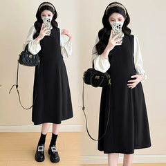 Maternity Mock Two-Piece Long-Sleeve Two Tone Midi A-Line Dress