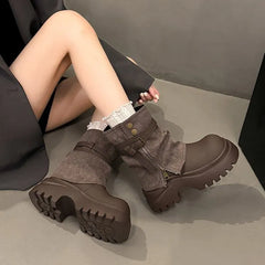 Faux Leather Paneled Platform Chunky Heel Short Boots