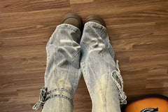 Mid Waist Washed Skirt Overlay Bell Bottom Jeans