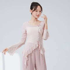 Long-Sleeve Round Neck Plain Ruffle Trim Dance Top