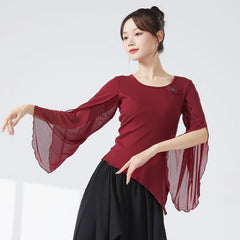 Long-Sleeve Round Neck Plain Ruffle Dance Top
