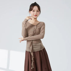 Long-Sleeve V-Neck Plain Ruffle Trim Dance Top