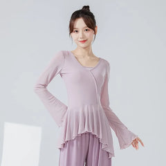 Long-Sleeve V-Neck Plain Ruffle Trim Dance Top