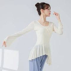 Long-Sleeve V-Neck Plain Ruffle Trim Dance Top