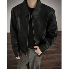 Collared Plain Faux Leather Zip Jacket