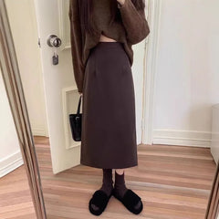 High Waist Plain Slit Midi H-Line Skirt