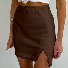 High Waist Plain Lace-Trim Slit Mini Pencil Skirt