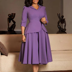 Mock Two-Piece 3/4-Sleeve Lapel Collar Plain Midi A-Line Blazer Dress