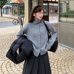 Turtleneck Button-Up Plain Cardigan
