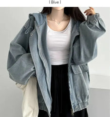 Hooded Drop Shoulder Washed Denim Zip Jacket