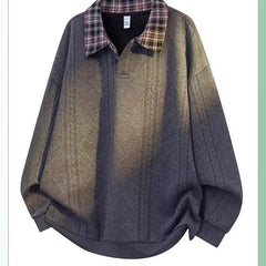 Drop Shoulder Plaid Panel Polo Sweatshirt