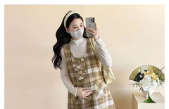 Maternity Set: Long-Sleeve Plain Top + Sleeveless Plaid A-Line Dress