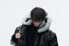 Fluffy Hooded Faux Leather Zip Jacket