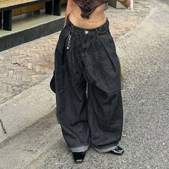 Low Rise Striped Pleated Wide Leg Jeans