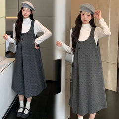 Maternity Long Sleeve Mock Neck Plain Top / Dotted Midi A-Line Overall Dress / Set