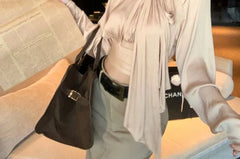 Long Sleeve Stand Collar Plain Tie-Up Crop Blouse / High Waist Plain Maxi Pencil Skirt / Belt / Set