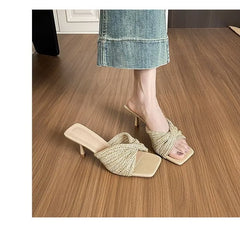 Kitten Heel Woven Knot Slide Sandals