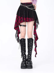 High Waist Tartan Check Lace Panel Asymmetrical Mini A-Line Skirt