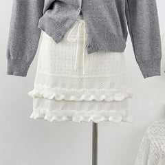 High Waist Plain Crochet Knit Ruffled Hem Mini Pencil Skirt