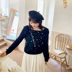 [XL-4XL] Long-Sleeve Square Neck Beaded Plain Knit Top