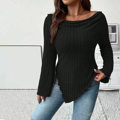 [XL -3XL] Long-Sleeve Boatneck Asymmetrical Plain Top