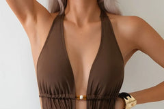 Halter Neck Deep Plunge Plain Open Back Swimsuit