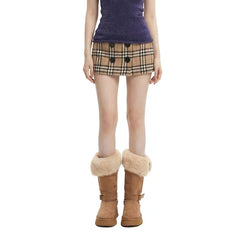 Low Rise Plaid Double-Breasted Mini Pencil Skirt