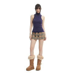 Low Rise Plaid Double-Breasted Mini Pencil Skirt