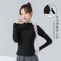 Long-Sleeve Mock Neck Plain Lettuce Edge Ruffle Dance Top