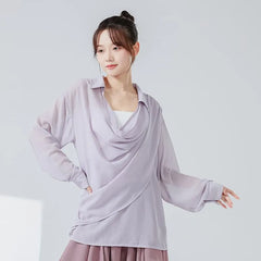 Long-Sleeve Cowl Neck Plain Asymmetrical Dance Top