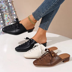 Low Heel Lace-Up Plain Mules
