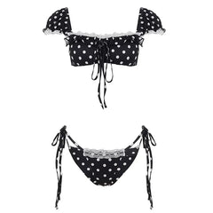 Set: Cap Sleeve Lace-Trim Dotted Bikini Top + Bottom