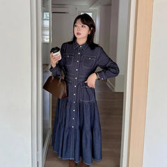 [XL-4XL] Long-Sleeve Collared Contrast Stitched Button-Up Denim Midi A-Line Dress
