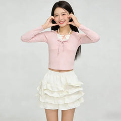 Long-Sleeve Plain Balletcore Crop Top / Mid Rise Tiered Mini A-Line Skirt