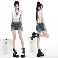 Mid Rise Washed Denim Shorts