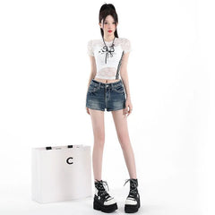 Mid Rise Washed Denim Shorts
