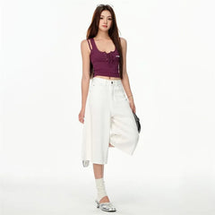 Mid Rise Plain Wide Leg Jorts