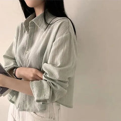 Long-Sleeve Striped Button-Up Crop Shirt