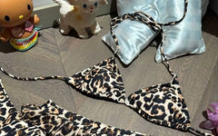 Set: Halter Leopard Print Bikini Top + Bottom + Tiered Cover Up Skirt