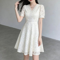 Puff-Sleeve V-Neck Midi A-Line Lace Dress