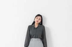 [L - 3XL] Camp Collar Plain Long-Sleeve Blouse