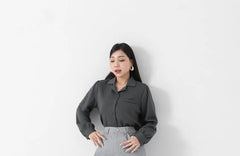 [L - 3XL] Camp Collar Plain Long-Sleeve Blouse