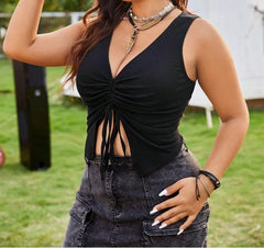 [XL-3XL] V-Neck Plain Drawstring Front-Slit Crop Tank Top
