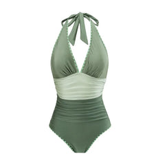 Halter Contrast Stitch Ruched Panel Swimsuit