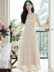 Long-Sleeve Round Neck Plain Lace Maxi A-Line Dress