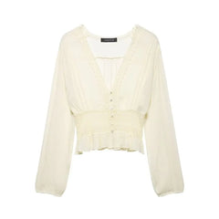 Long-Sleeve V-Neck Lace Panel Button-Up Sheer Crop Blouse