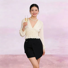 Long-Sleeve V-Neck Lace Panel Button-Up Sheer Crop Blouse