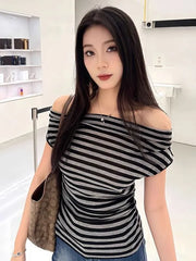 Short Sleeve Off Shoulder Striped Slim-Fit T-Shirt