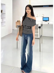Short Sleeve Off Shoulder Striped Slim-Fit T-Shirt